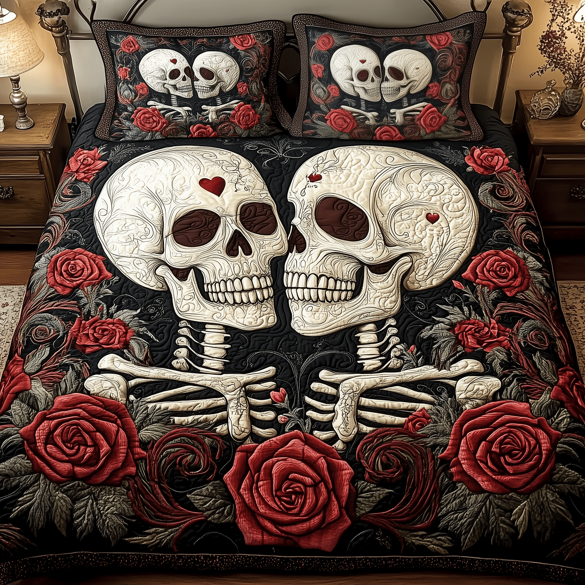 Vintage Skull Couple Quilted Bedding Set Christmas Bedding Set Gifts For Couples Who Have Everything