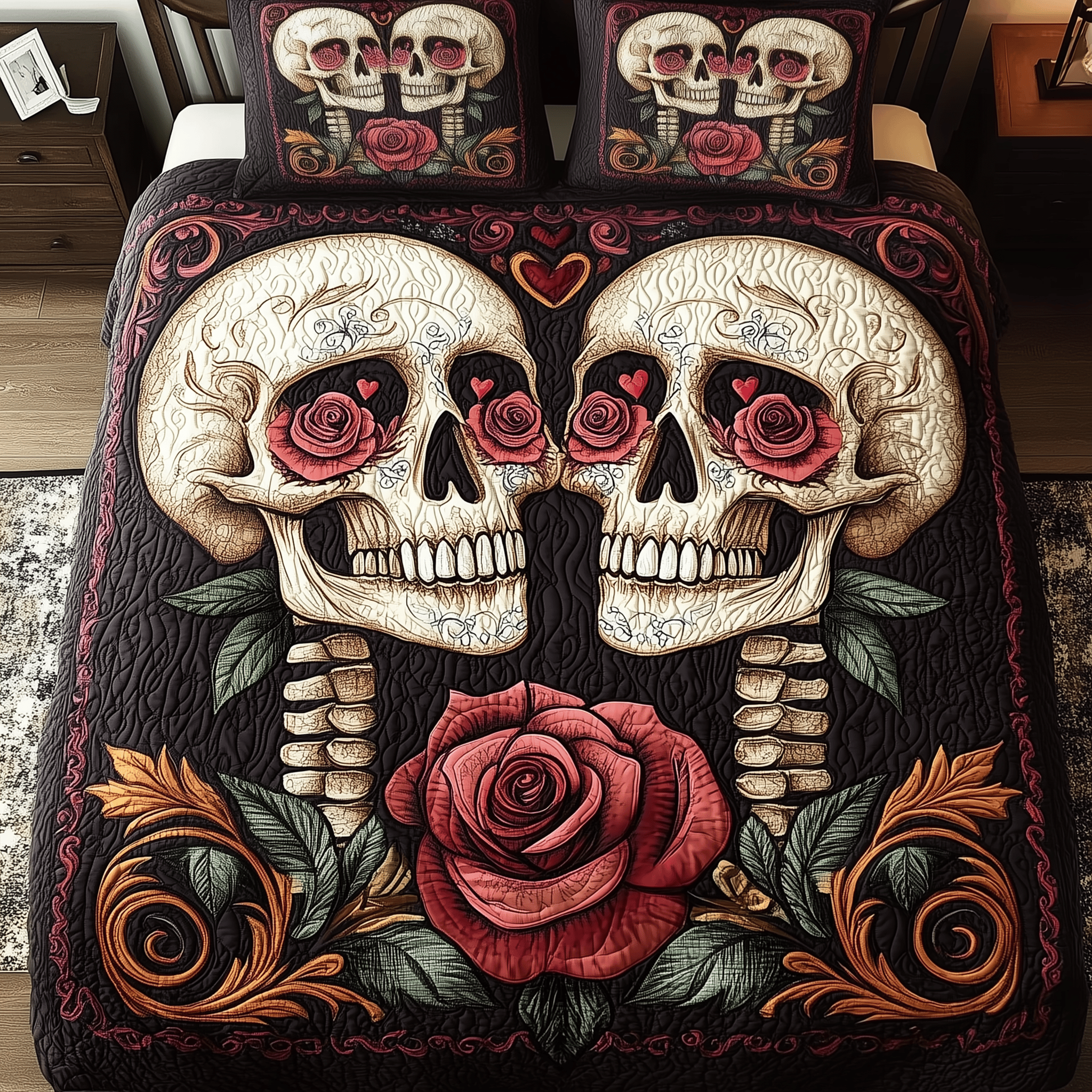 Vintage Skull Couple Quilted Bedding Set Christmas Bedding Set Gifts For Couples Who Have Everything