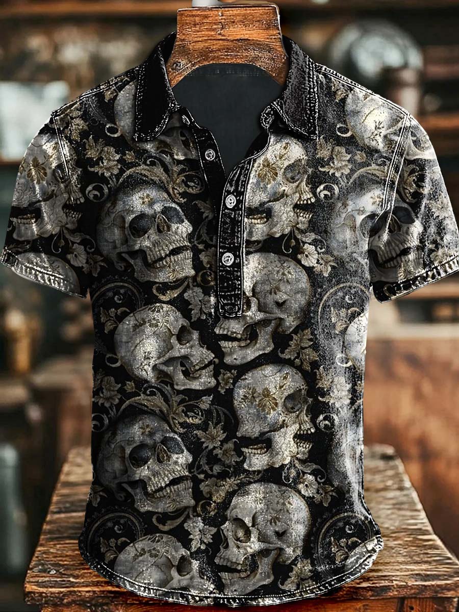 Vintage Skull Floral Print Casual Polo Shirt Halloween Gift Ideas For Friends