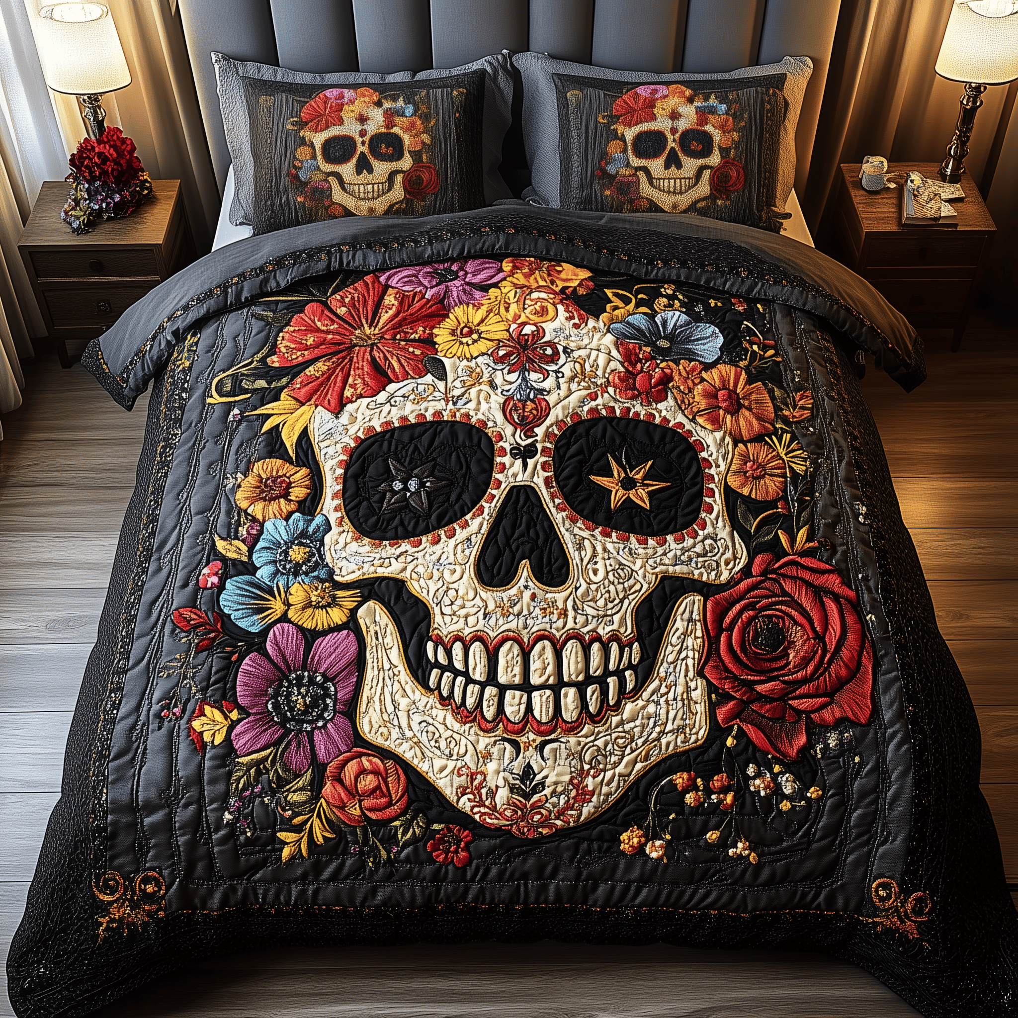 Vintage Skull Quilted Bedding Set Christmas Bedding Set Anniversary Gifts For Parents