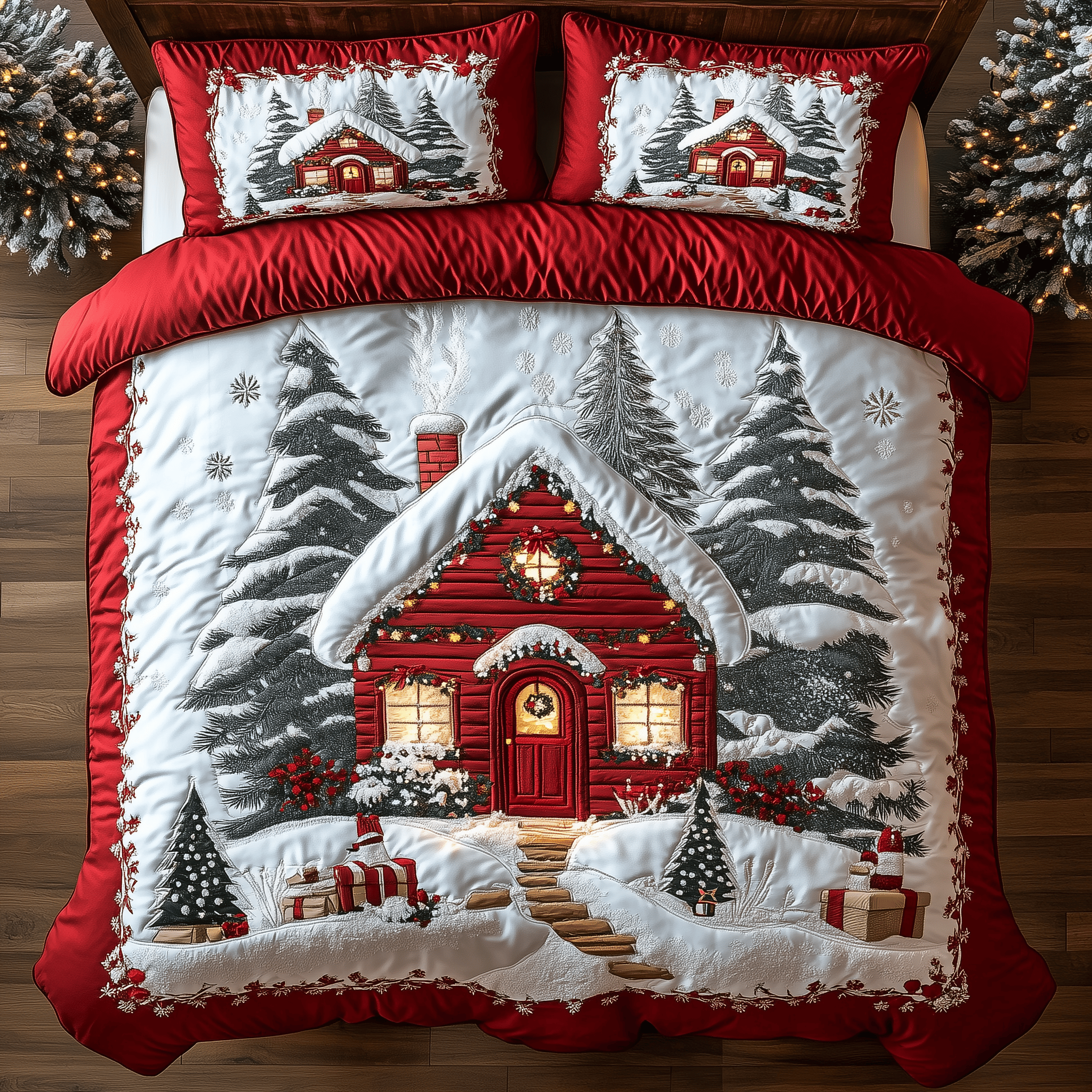 Vintage Snow Cabin Quilted Bedding Set Christmas Bedding Set Gifts For Couples Who Have Everything