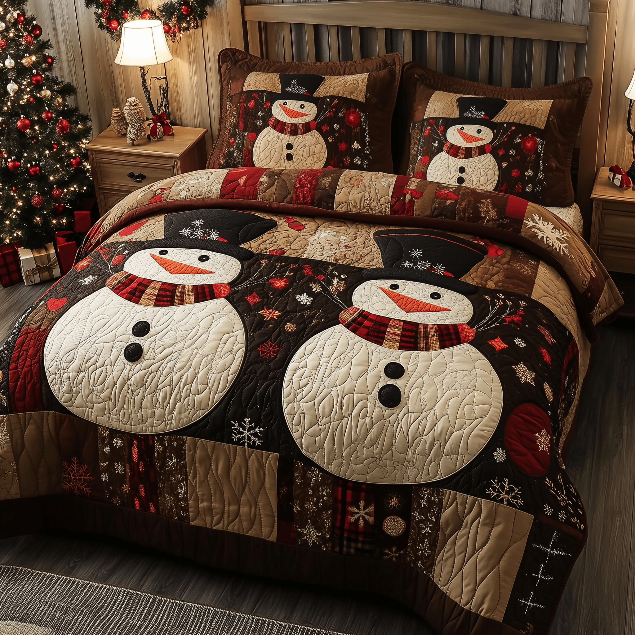 Vintage Snowman Couple Quilted Bedding Set Snowman Christmas Gifts