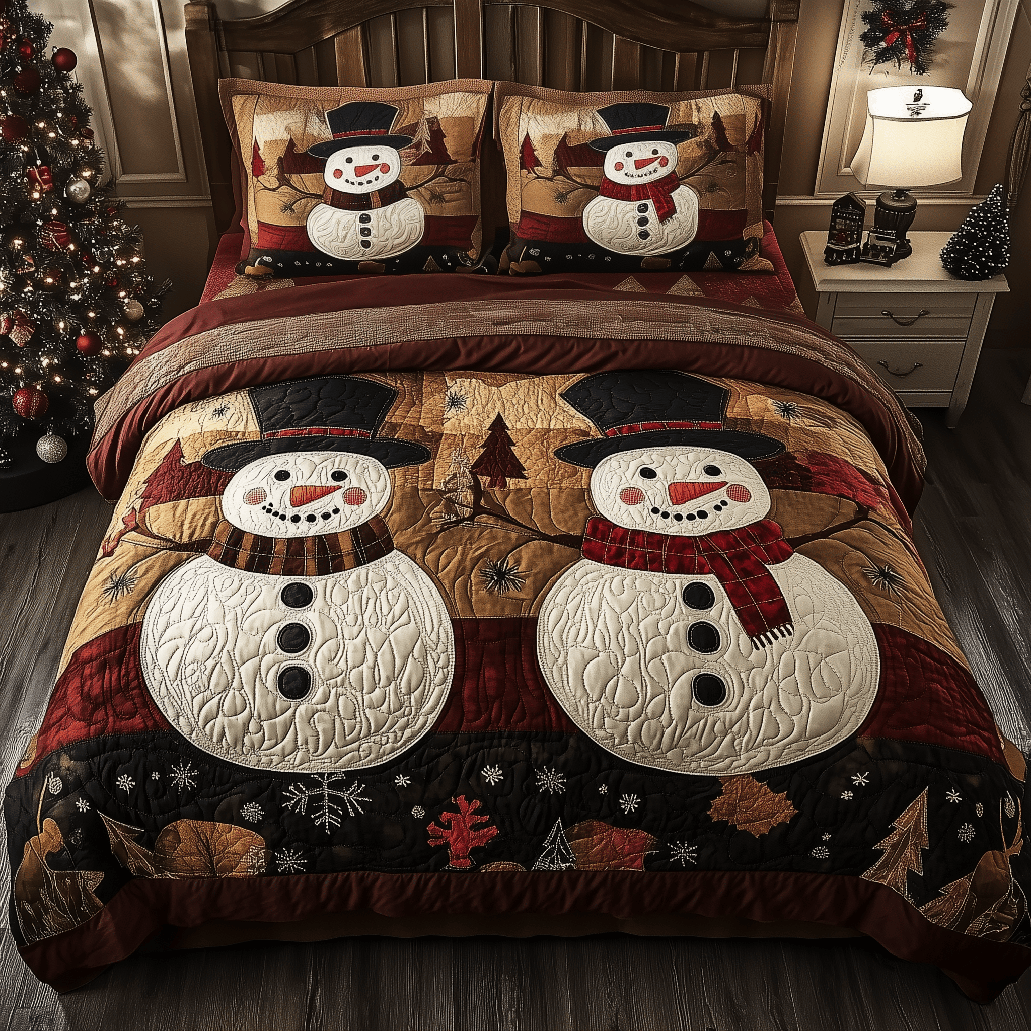 Vintage Snowman Couple Quilted Bedding Set Snowman Themed Gifts