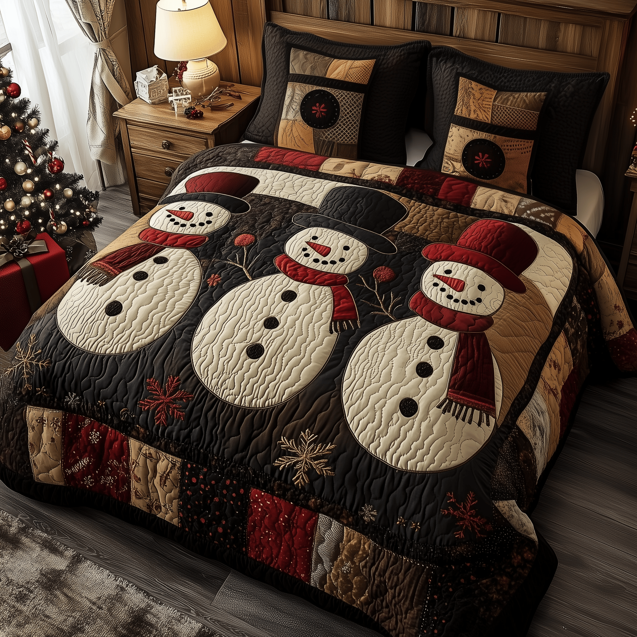 Vintage Snowman Friends Quilted Bedding Set Snowman Christmas Presents