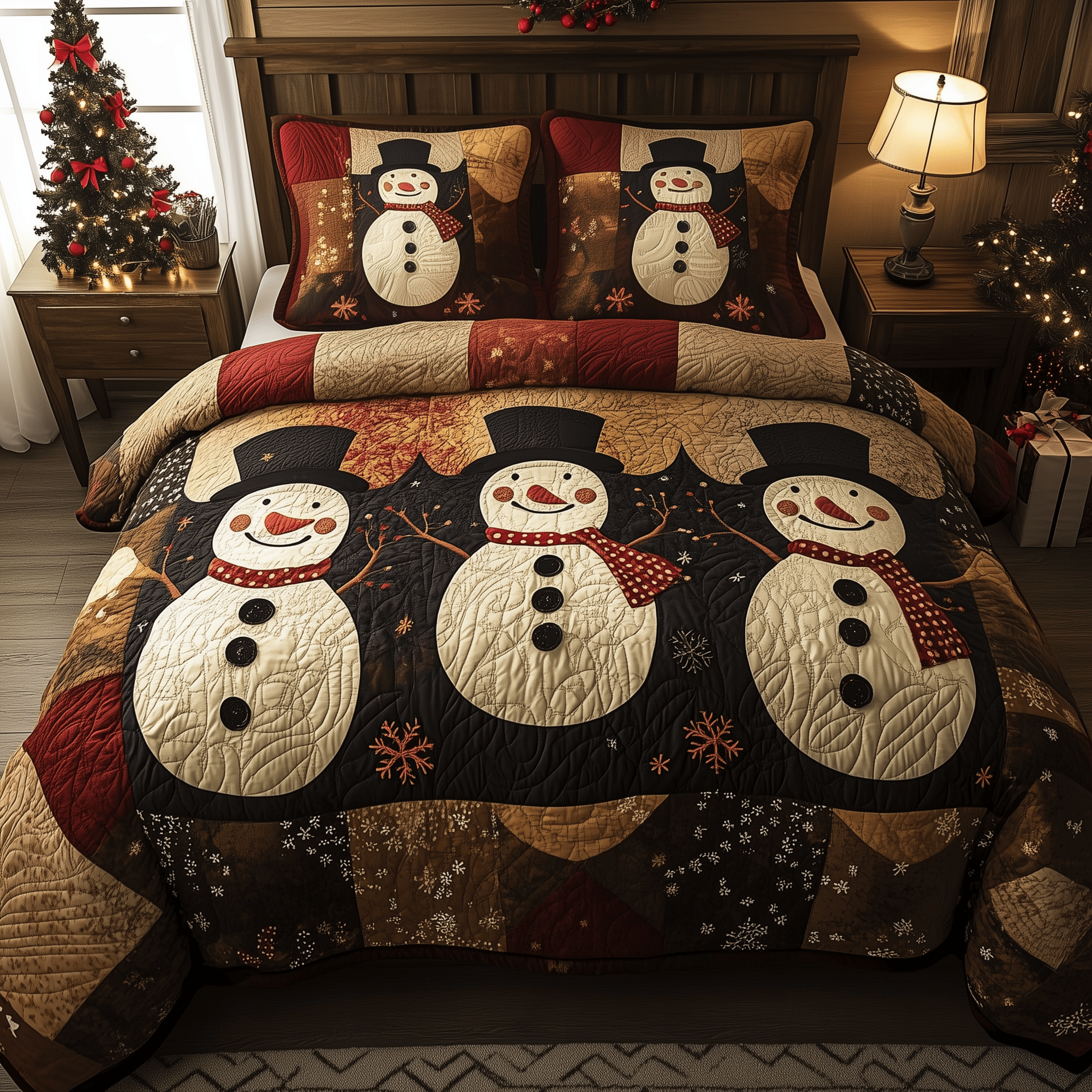 Vintage Snowman Friends Quilted Bedding Set Snowman Gifts For Adults