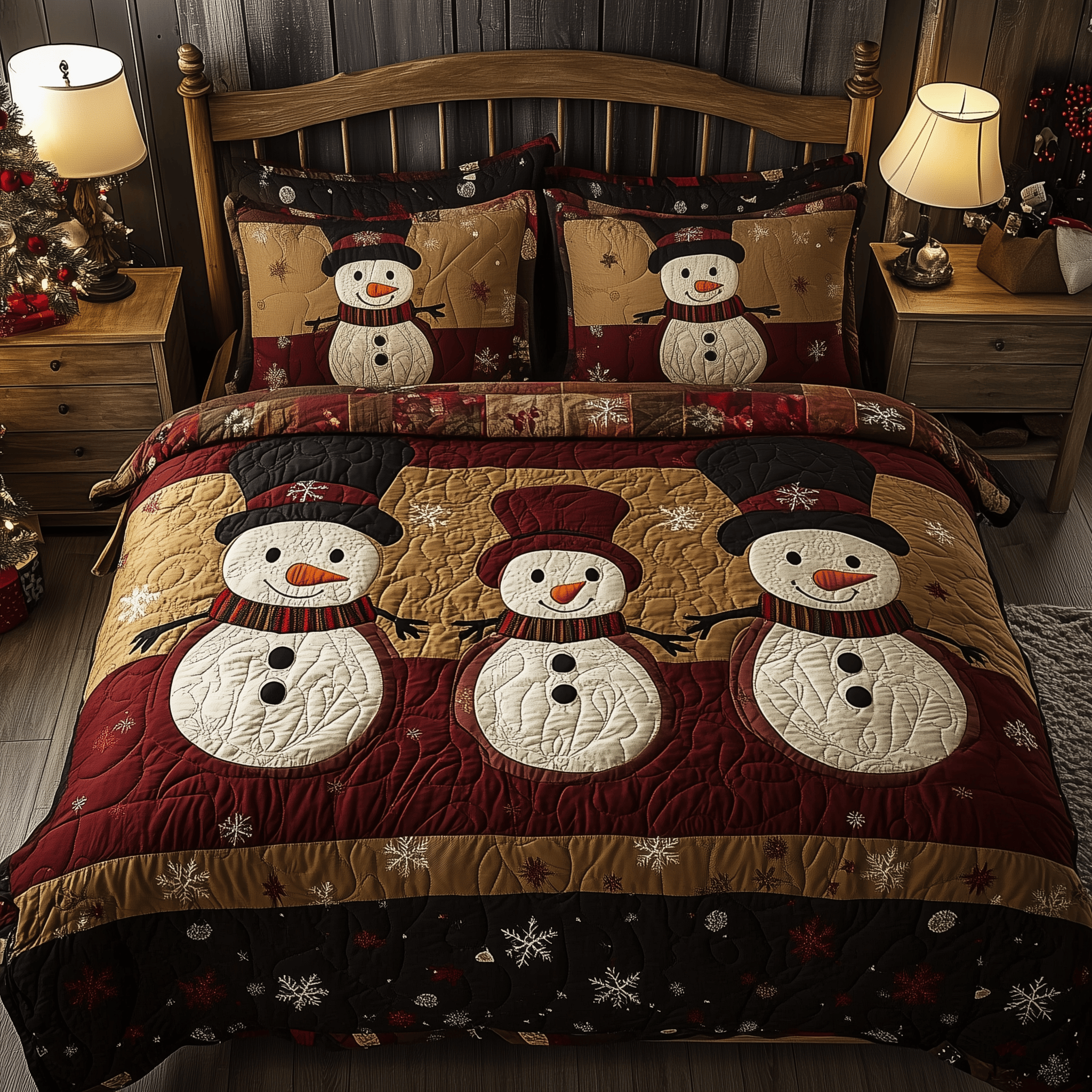 Vintage Snowman Friends Quilted Bedding Set Unique Snowman Gifts