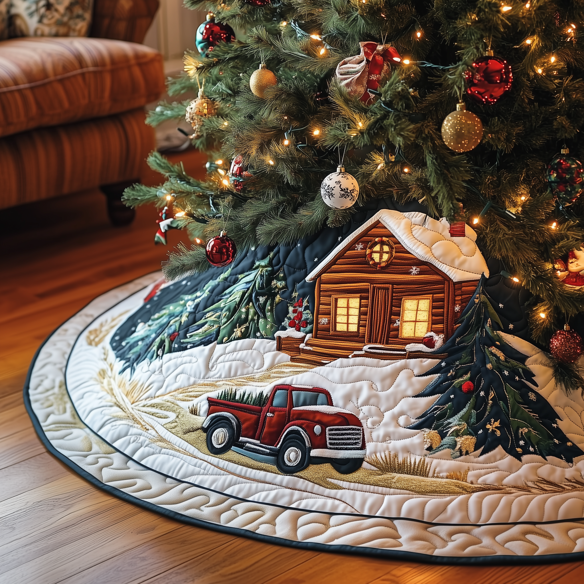 Vintage Snowy Cabin Quilted Tree Skirt Charming Tree Skirt Gift Idea