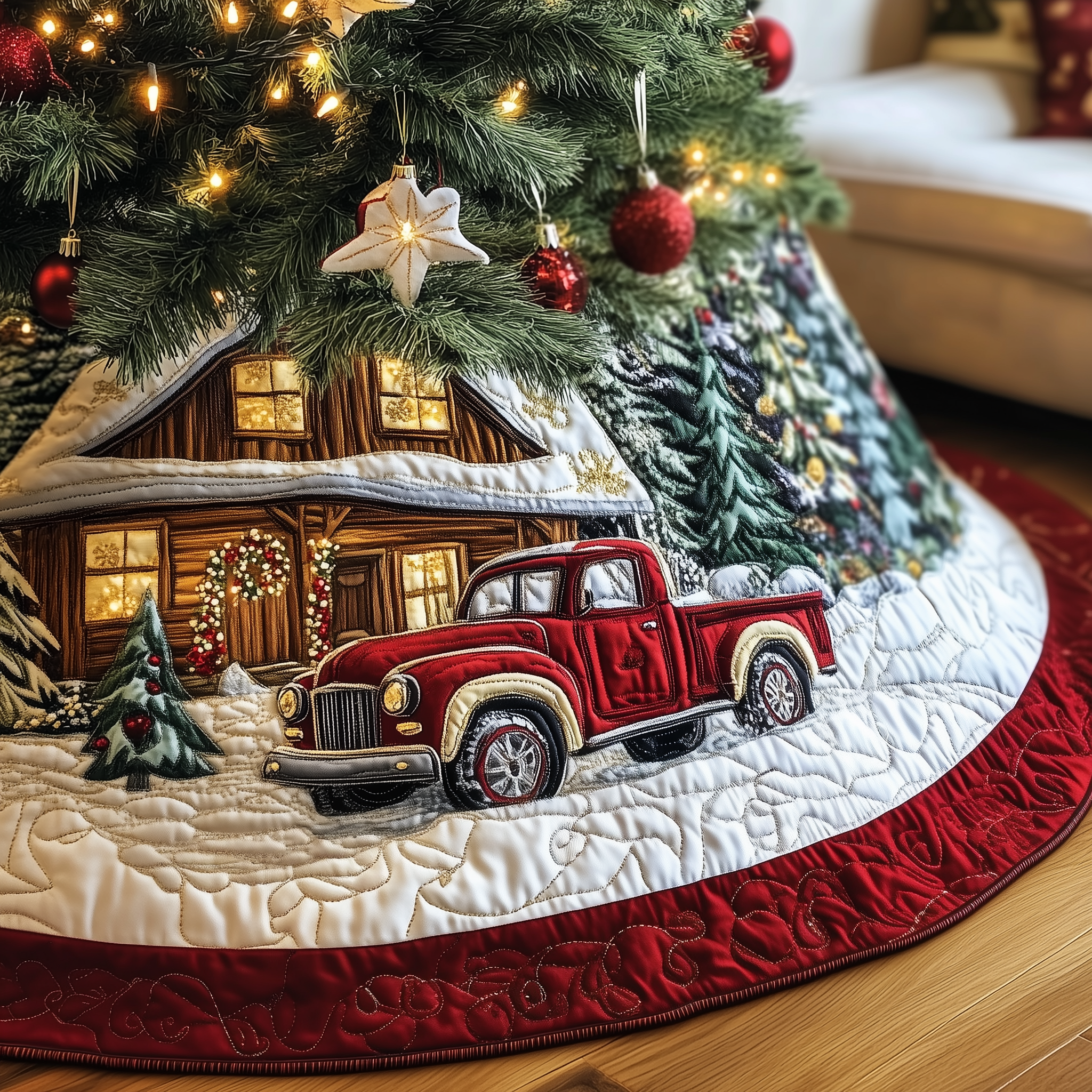 Vintage Snowy Cabin Quilted Tree Skirt Christmas Tree Base Cover Holiday Gifts For Grandma