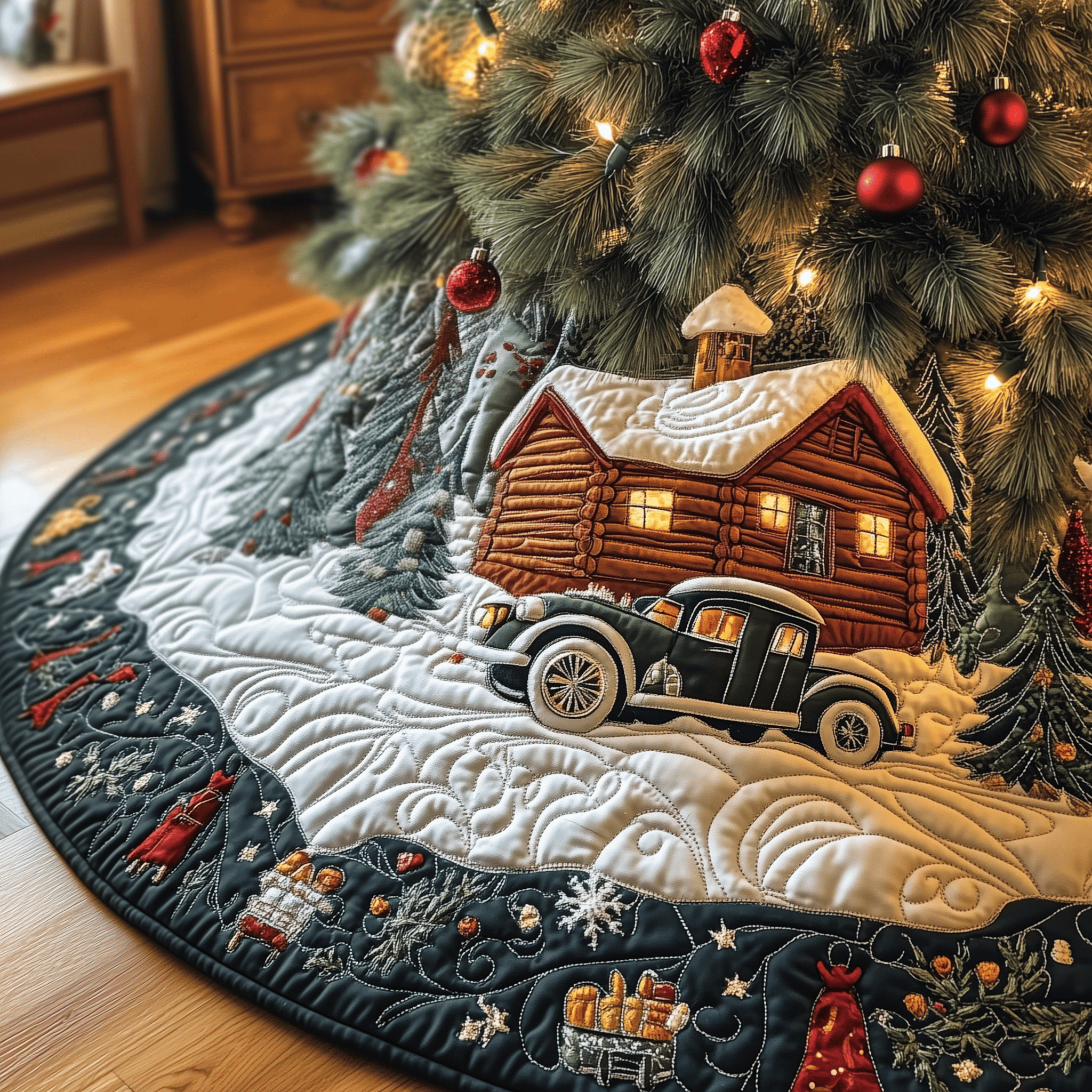 Vintage Snowy Cabin Quilted Tree Skirt Christmas Tree Skirt Best Christmas Gifts For My Wife