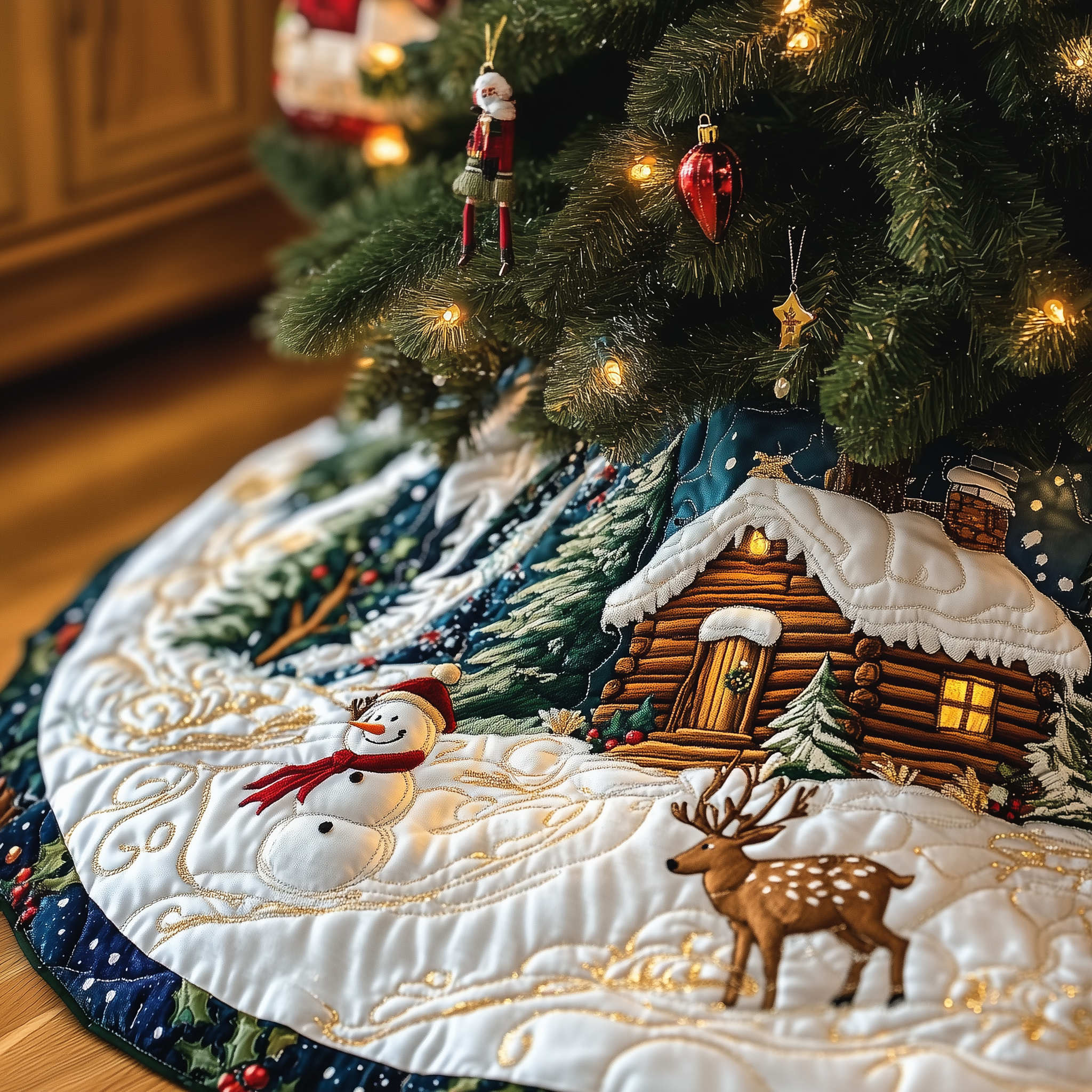 Vintage Snowy Cabin Quilted Tree Skirt Festive Tree Skirt Gift Choice
