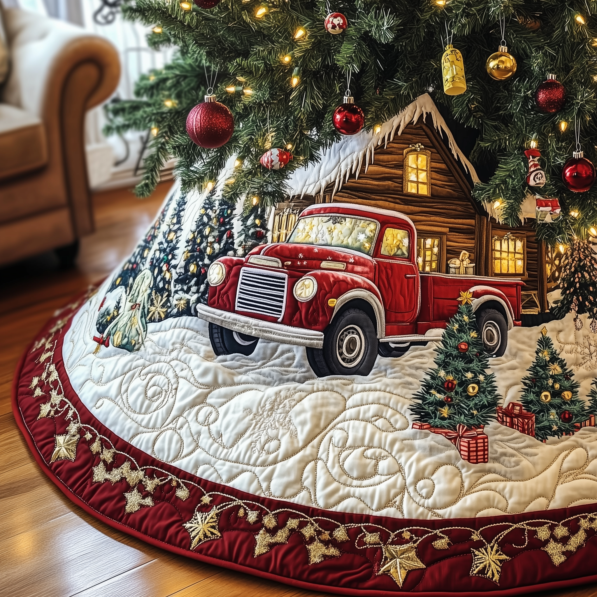 Vintage Snowy Cabin Quilted Tree Skirt For Large Trees Christmas Presents For Dad