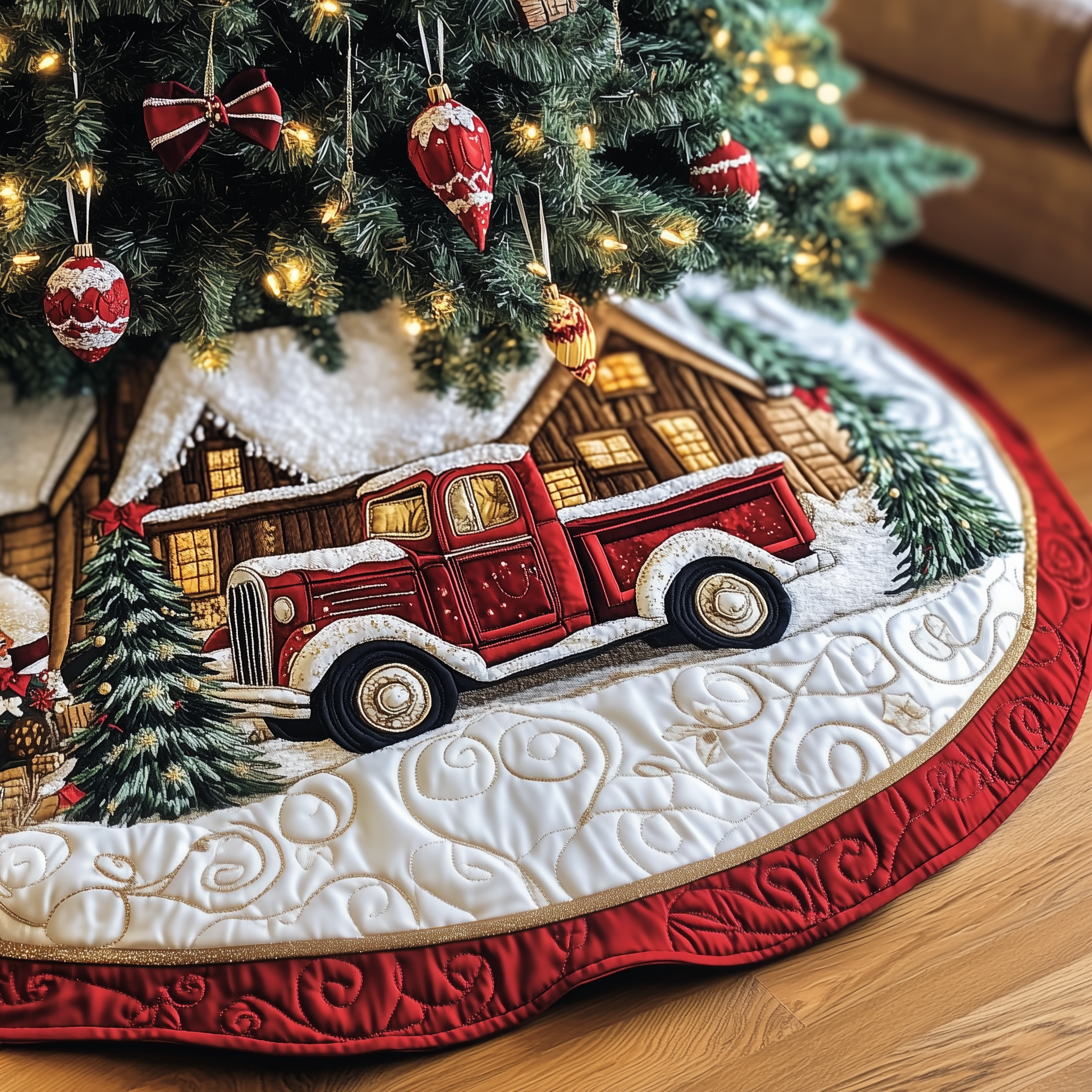 Vintage Snowy Cabin Quilted Tree Skirt Holiday Tree Skirt Must-Have