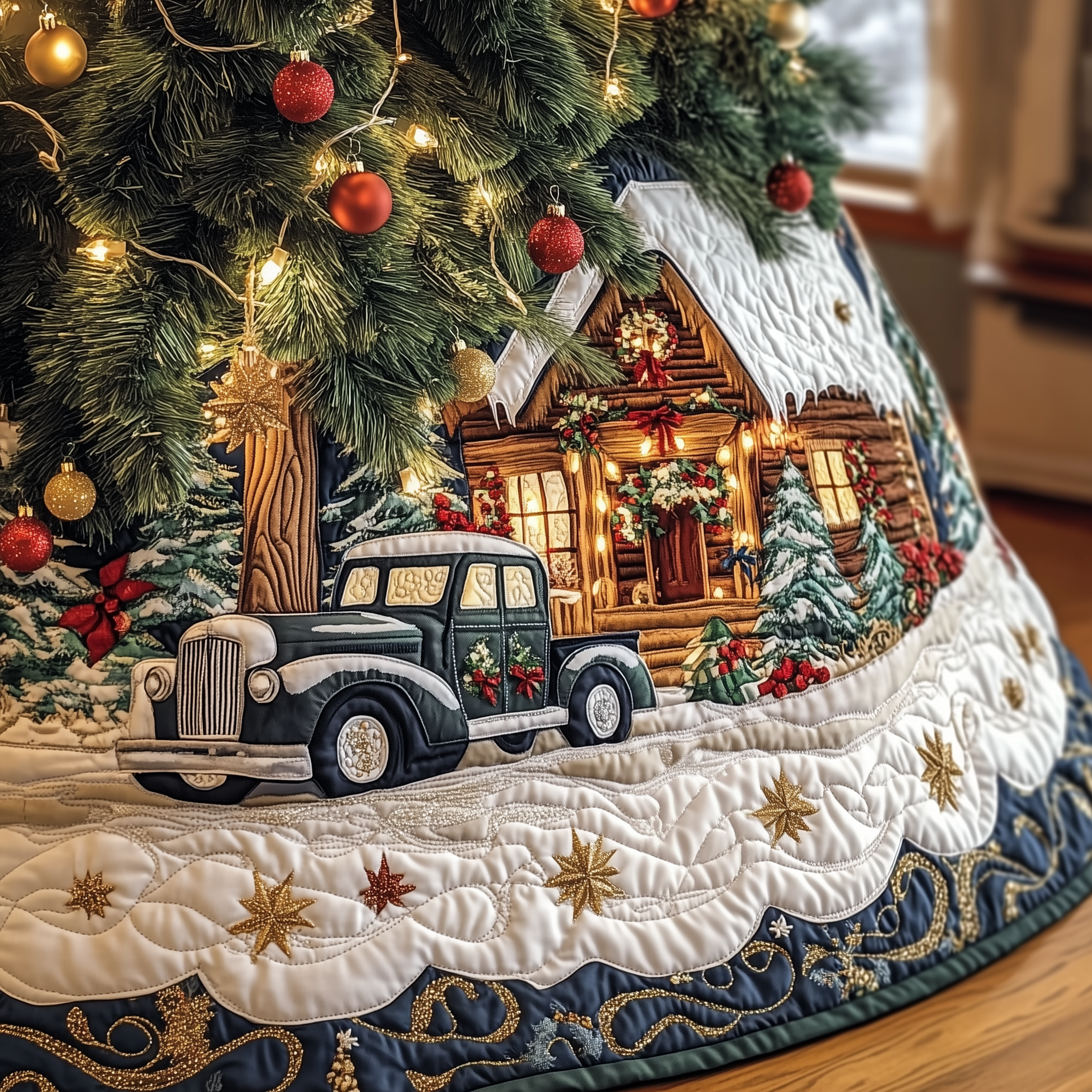Vintage Snowy Cabin Quilted Tree Skirt Magical Christmas Spirit Merch