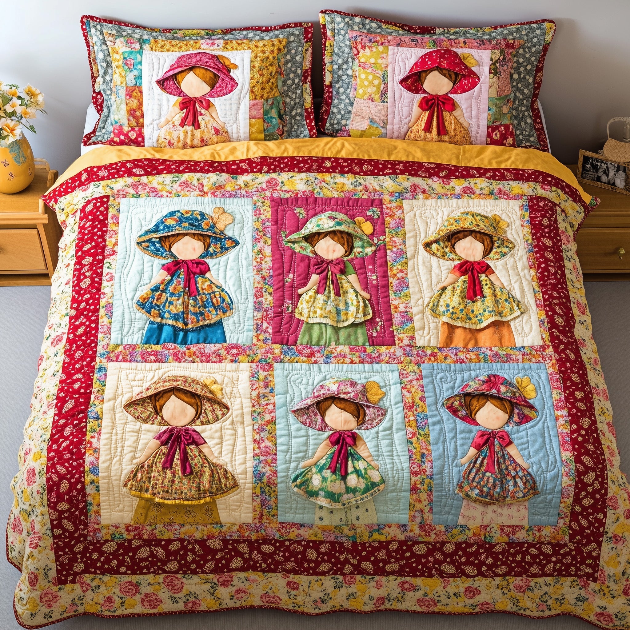 Vintage Sunbonnet Sue Quilted Bedding Set Duvet Cover Bed Sheet Naughty Secret Santa Gifts