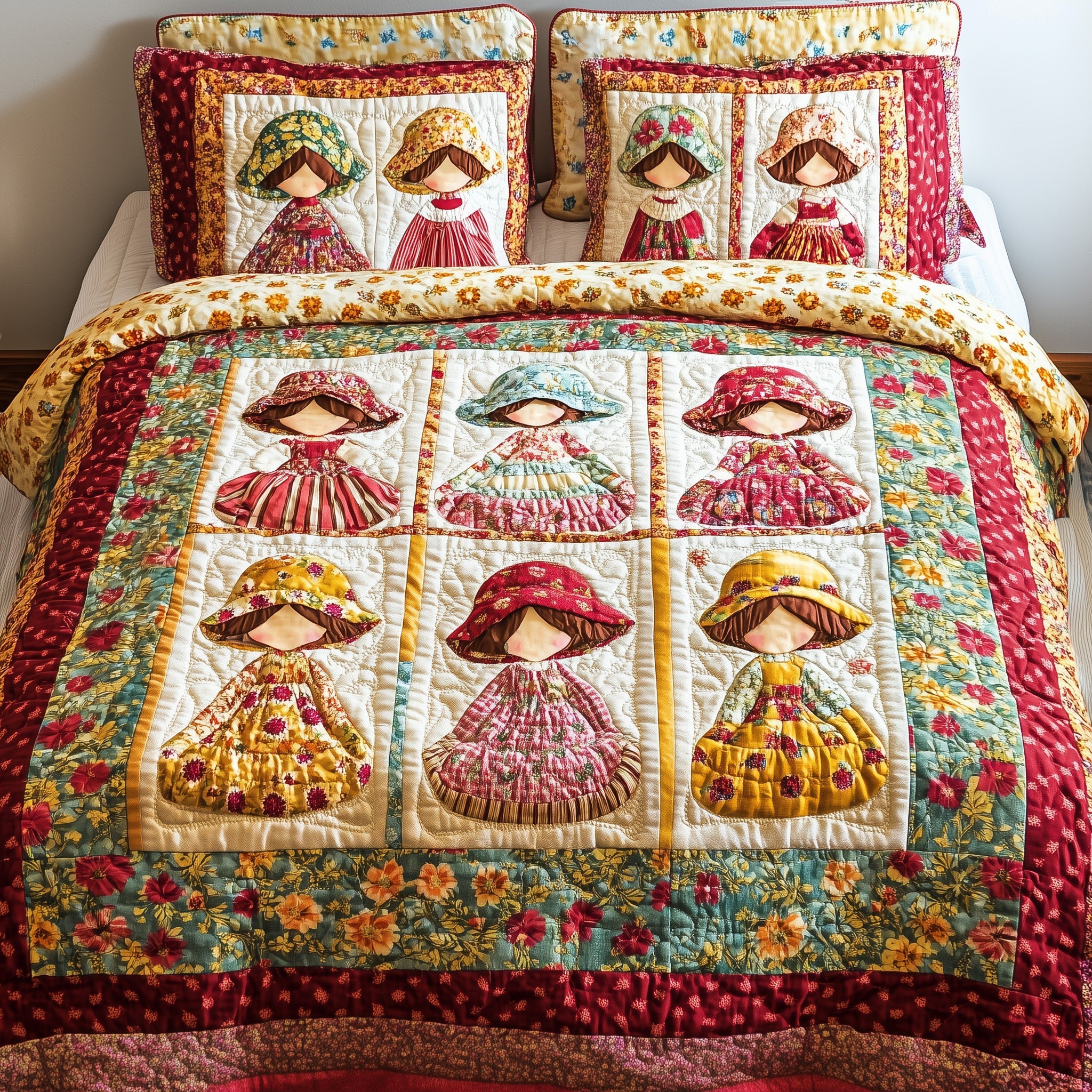 Vintage Sunbonnet Sue Quilted Bedding Set Duvet Cover Bed Sheet Secret Santa Gifts For Him