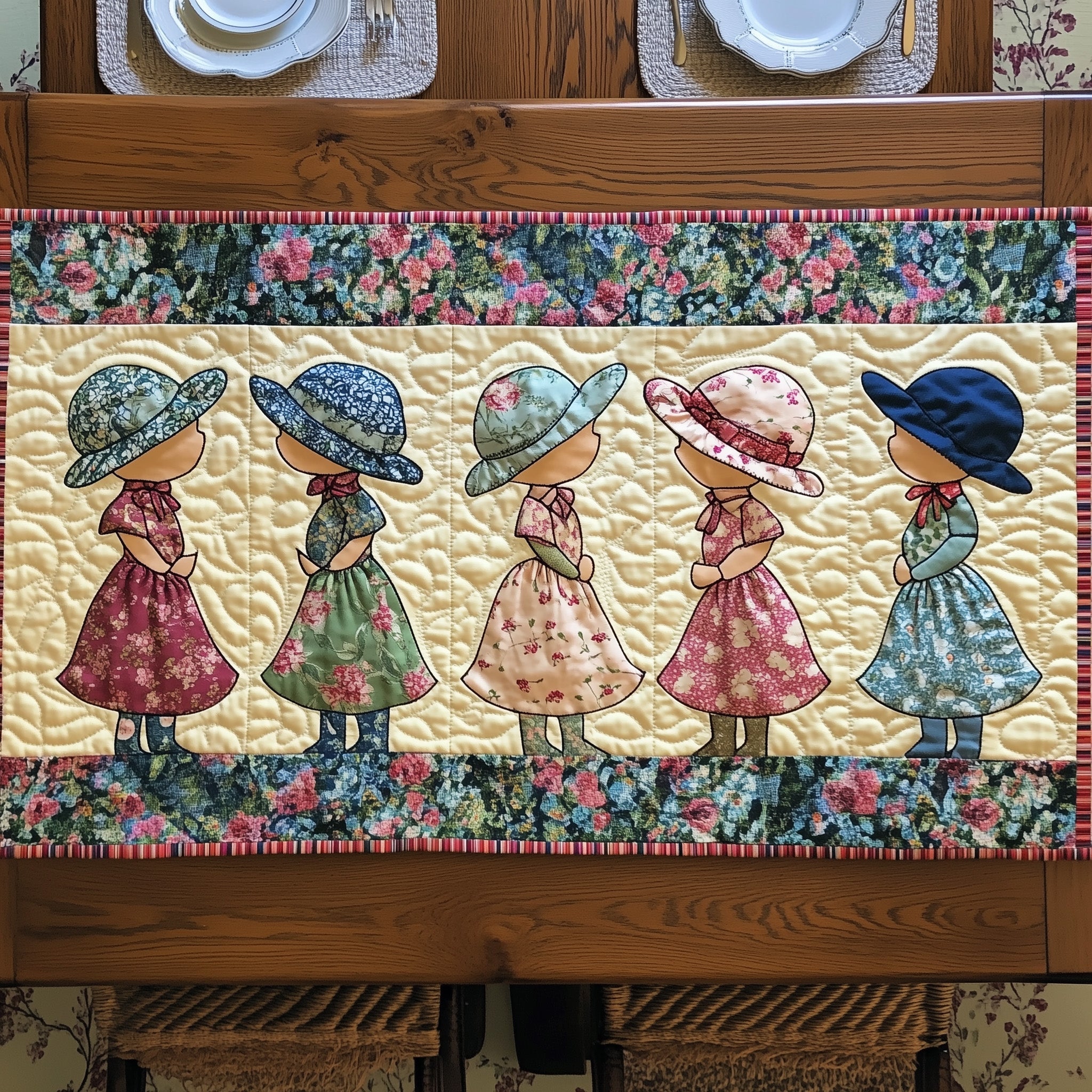 Vintage Sunbonnet Sue Quilted Table Runner Christmas Table Runner for Family Meals