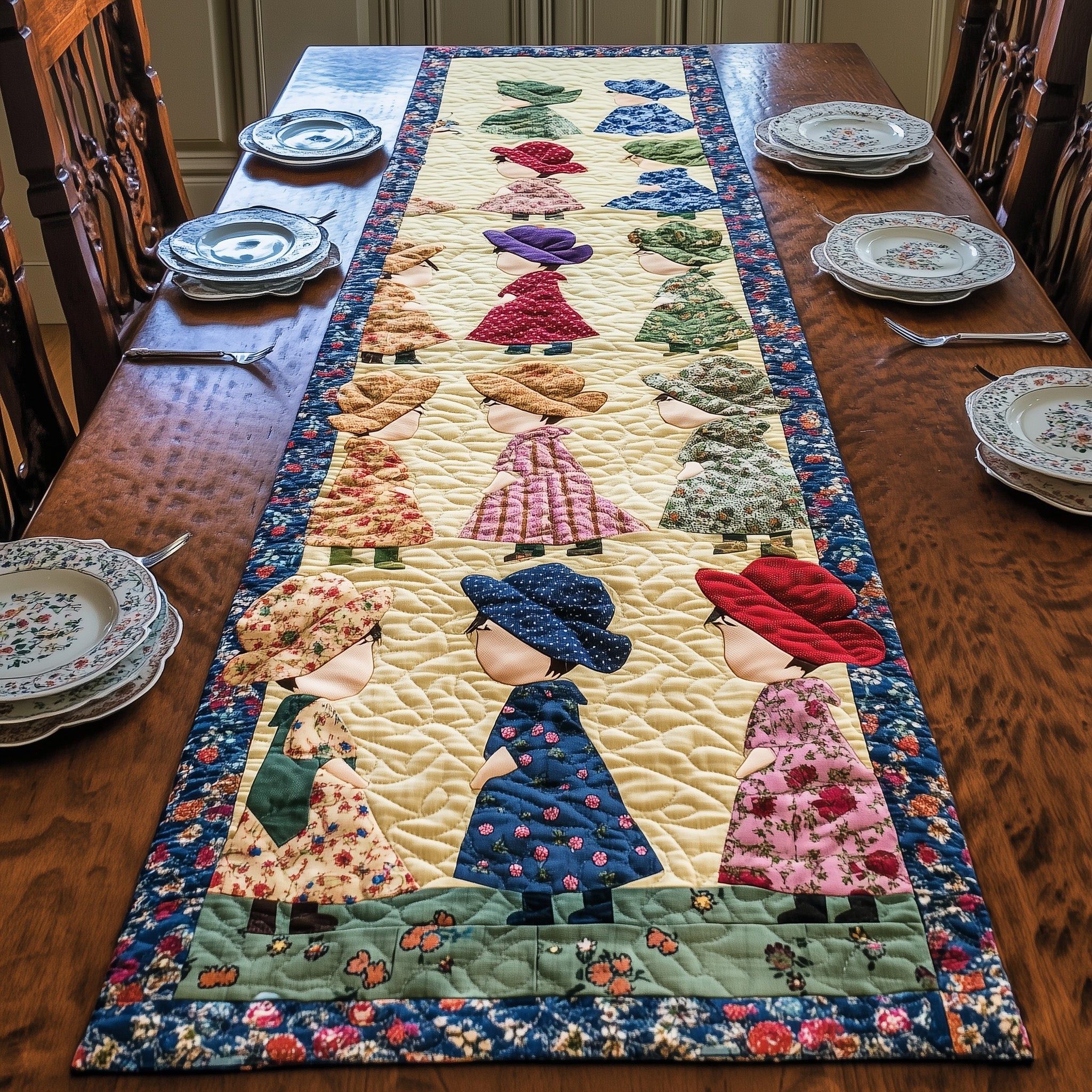 Vintage Sunbonnet Sue Quilted Table Runner Holiday Banquet Table Runner