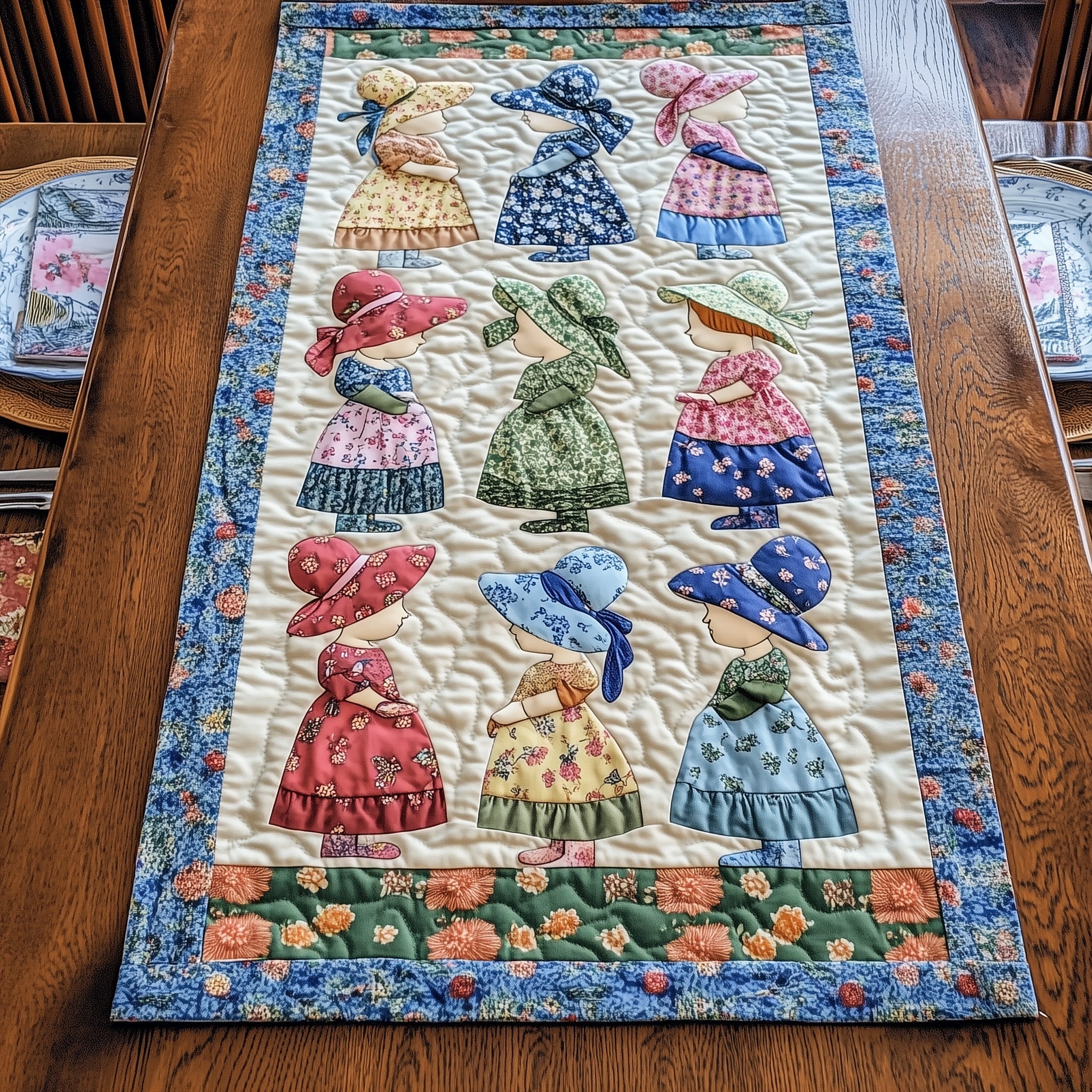 Vintage Sunbonnet Sue Quilted Table Runner Seasonal Table Runner for Holidays