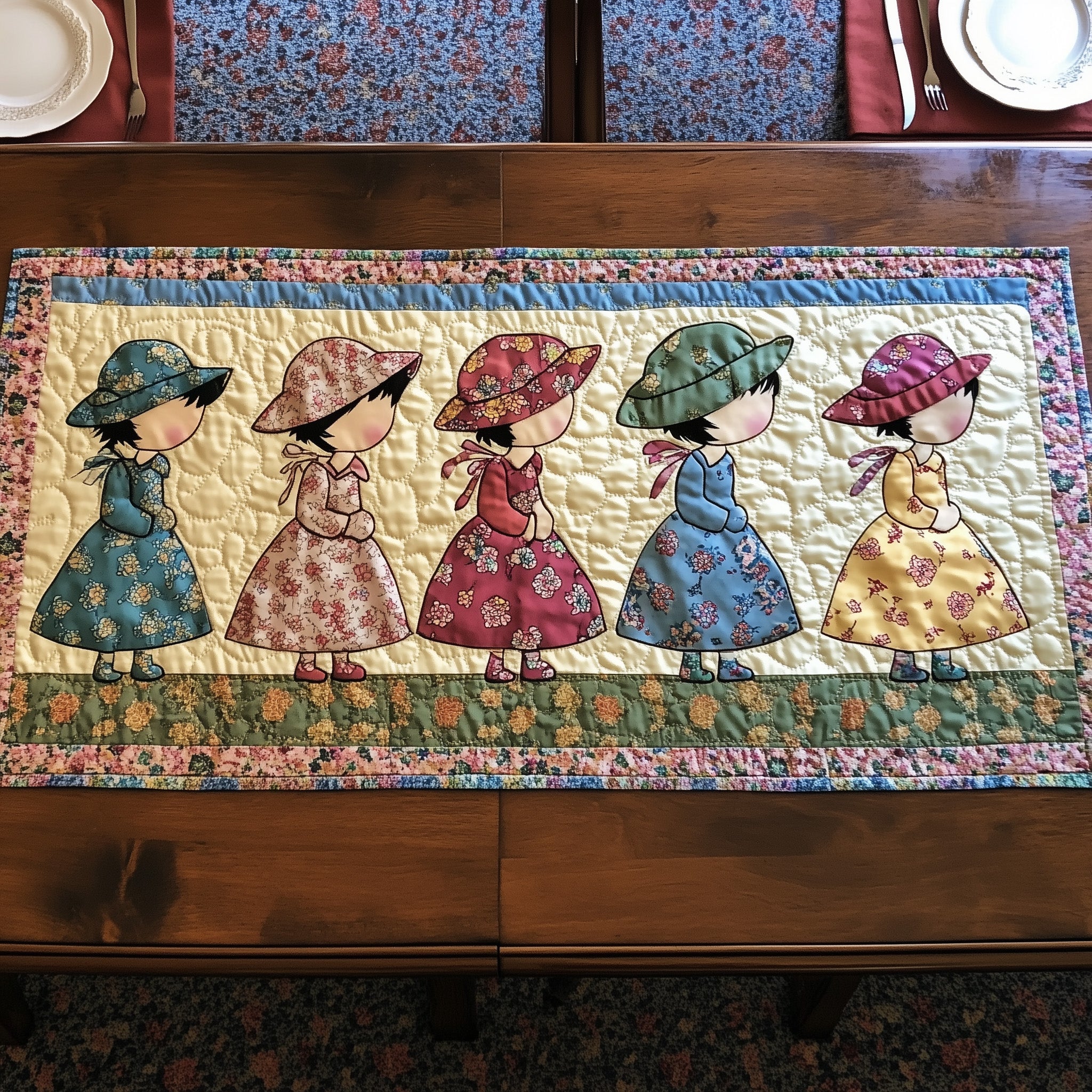 Vintage Sunbonnet Sue Quilted Table Runner Special Occasion Table Runner Gift