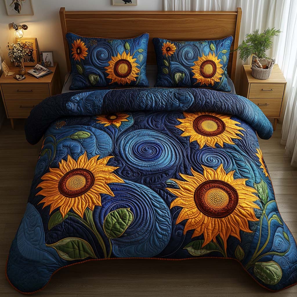 Vintage Sunflower Quilted Bedding Set Bedspreads King Floral Gift For Grandpa