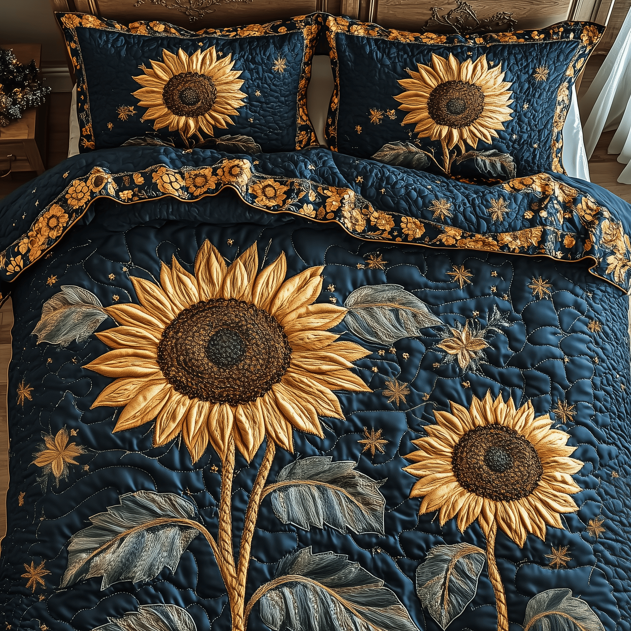 Vintage Sunflower Quilted Bedding Set Xmas Bedding Set Romantic Christmas Gifts For Mom