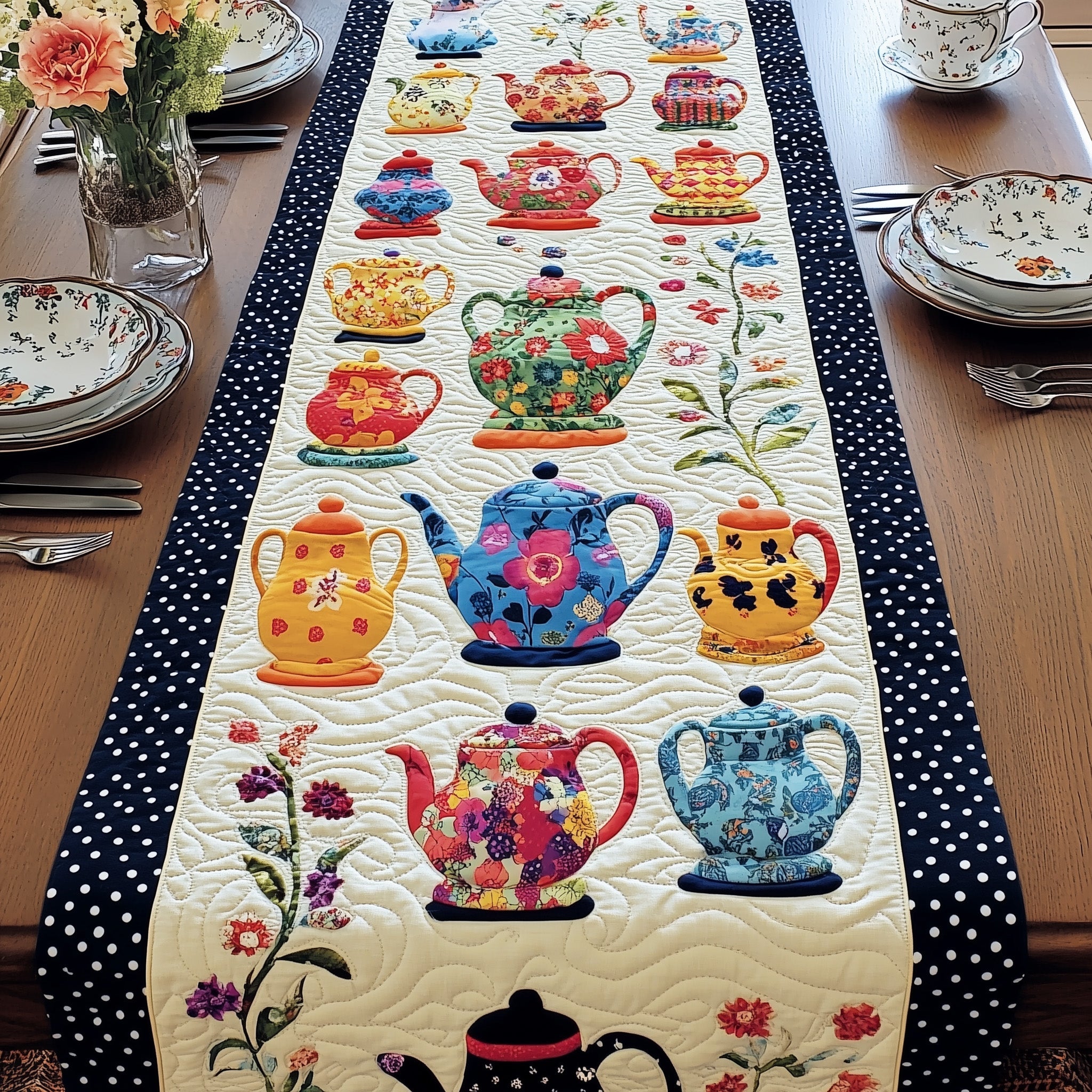 Vintage Teapot Charm Quilted Table Runner Festive Christmas Dining Room Table Runner