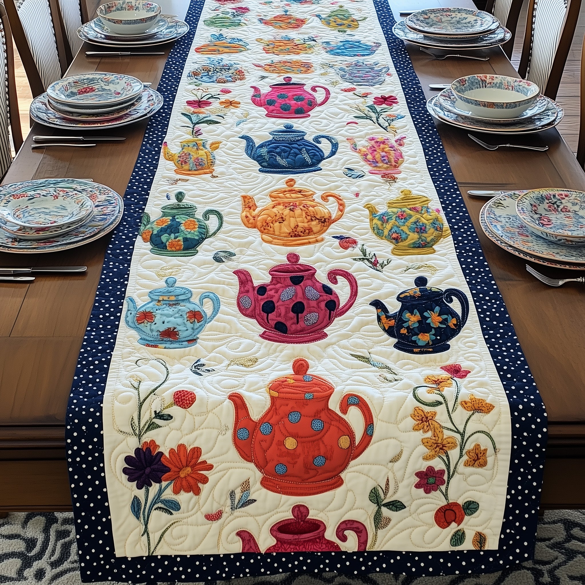 Vintage Teapot Charm Quilted Table Runner Holiday Party Table Runner