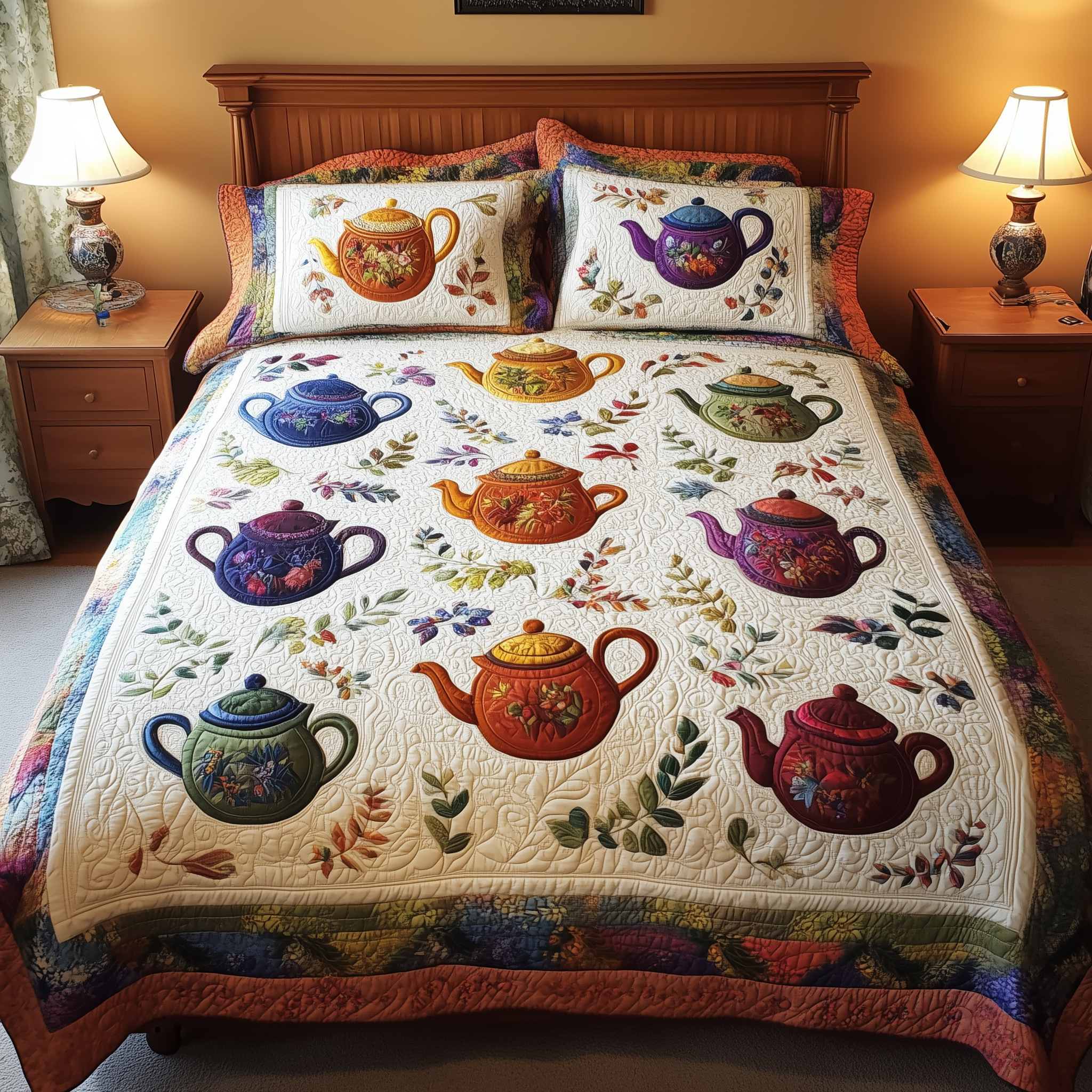 Vintage Teapot Quilted Bedding Set Xmas Bedding Set Unique Christmas Gifts For Parents