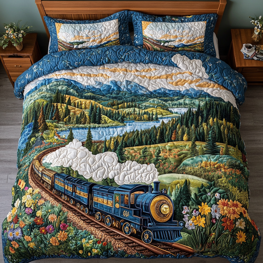 Vintage Train Quilted Bedding Set Best Bed Sheet Set Gifts For Train Lovers