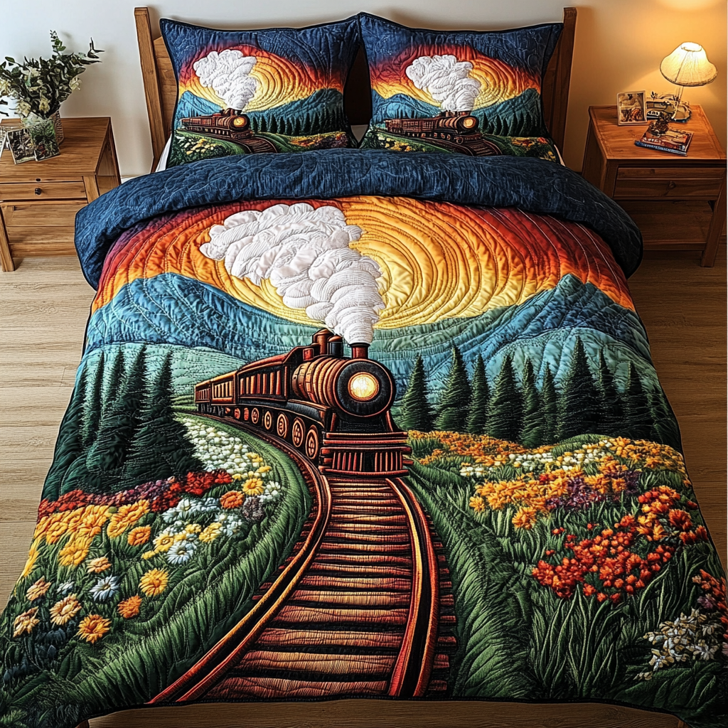 Vintage Train Quilted Bedding Set Cozy Bedroom Decor Presents For Train Enthusiasts