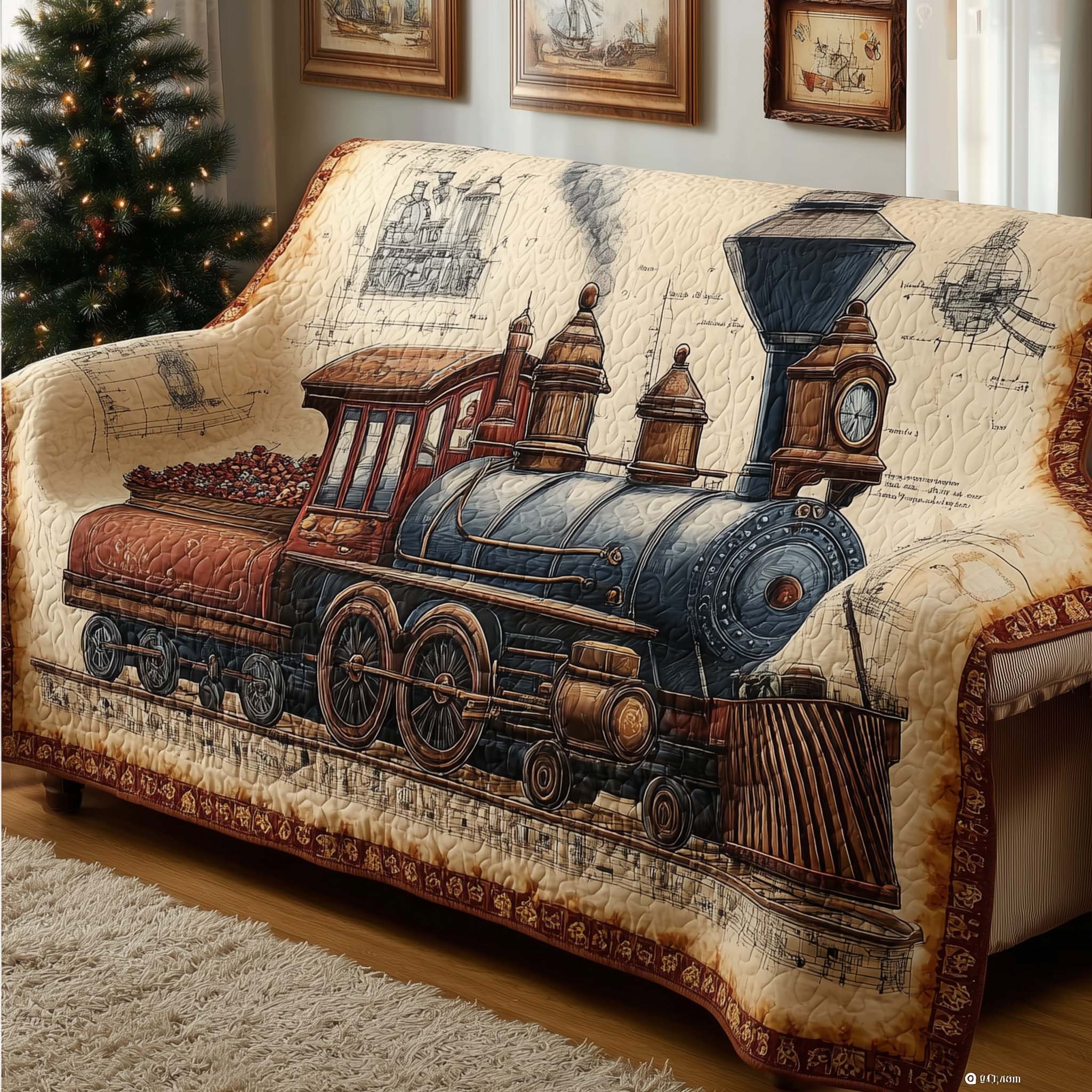 Vintage Train Quilted Sofa Cover Durable Vintage Railcar Sofa Throw Train Gifts