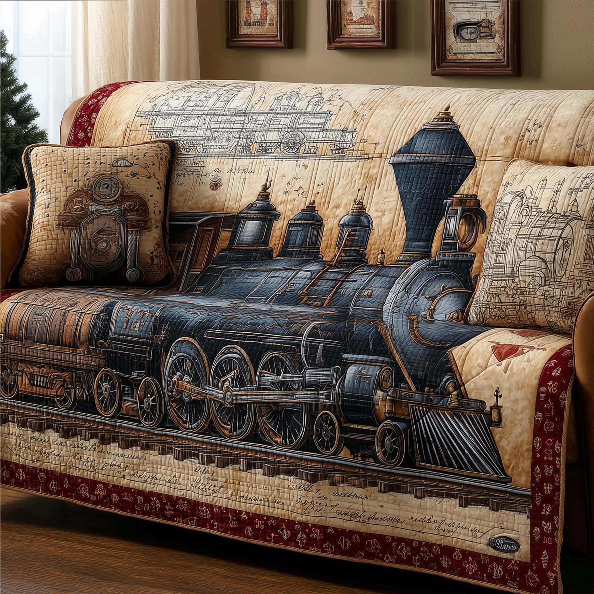 Vintage Train Quilted Sofa Cover Retro Steam Engine Sofa Protector Train Gifts Christmas For Adults