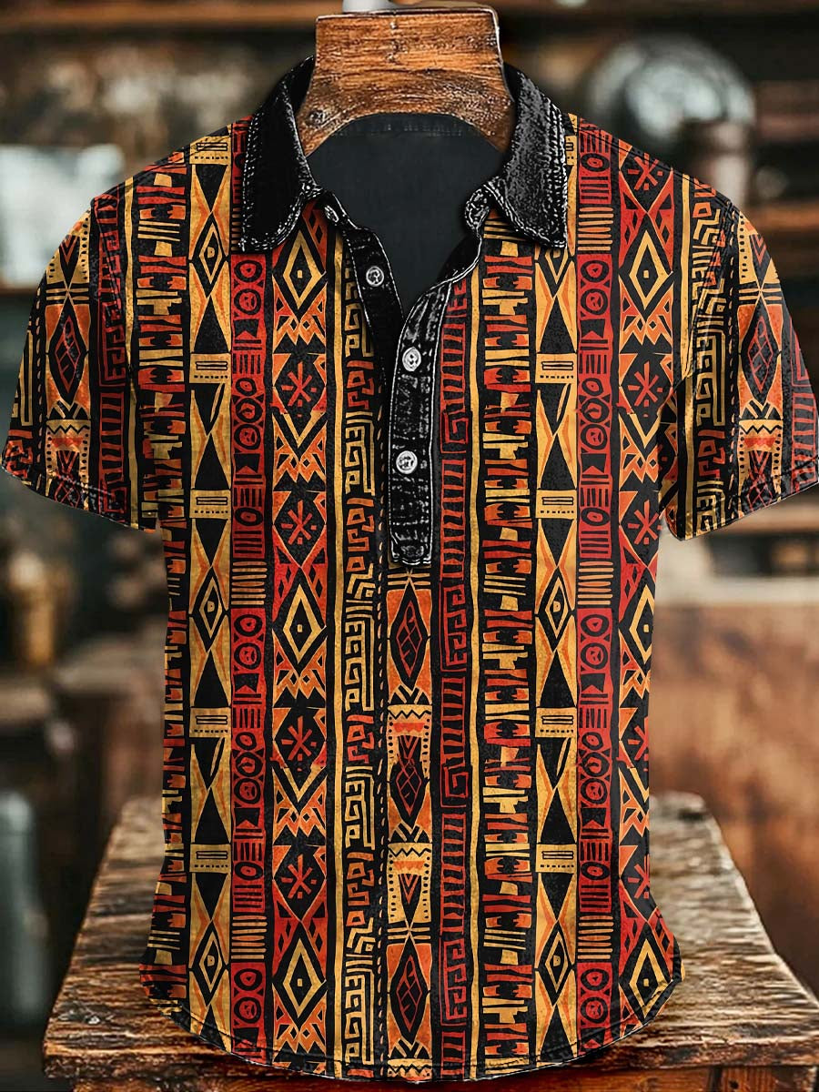 Vintage Tribal Pattern Printed Casual Short Sleeve Polo Shirt Halloween Gifts For Teens