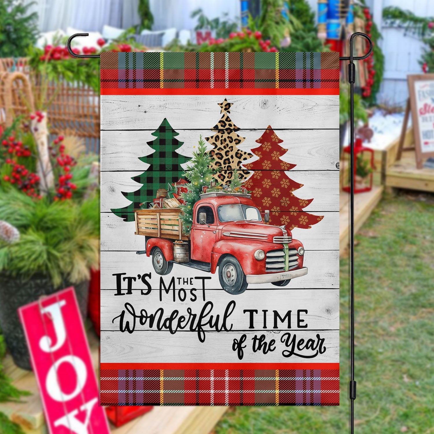 Vintage Truck And Tartan Trees Flag Xmas Garden Flag Christmas Gift For Tractor Lovers