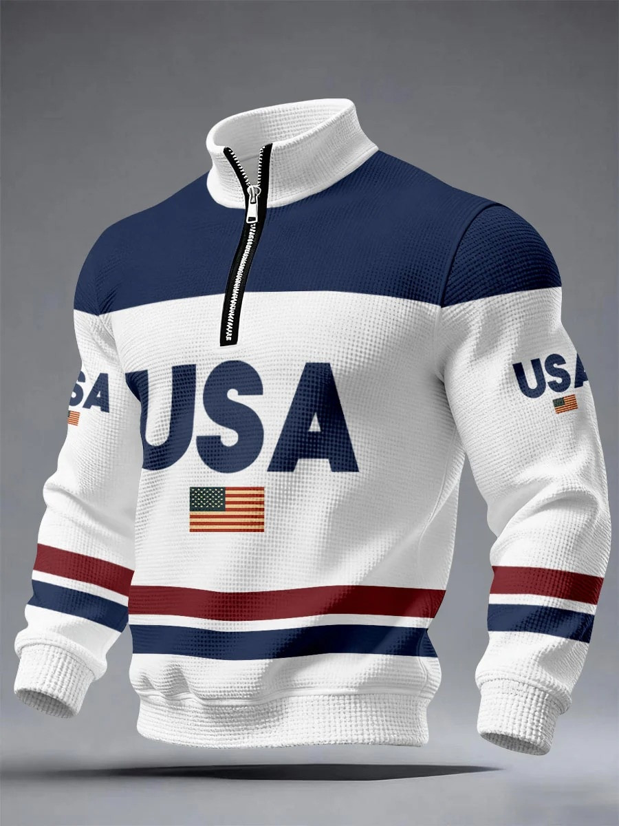 Vintage USA Quarter Zip Sweatshirt Mens Patriotic Apparel 250th Anniversary Fan Gear Gift