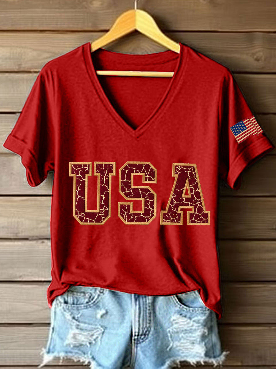 Vintage USA V Neck T-Shirt Patriotic American Flag Tee Independence Day Gift