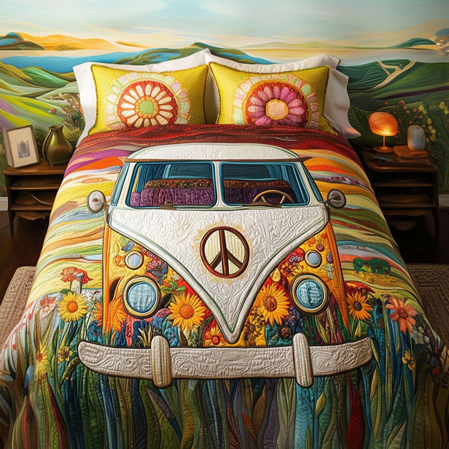 Vintage Van Voyage Quilted Bedding Set Best Comforter Sets Birthday Gift For Hippie Friend