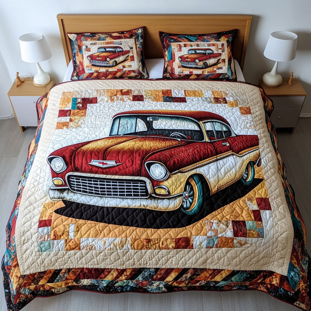 Vintage Wheels Quilted Bedding Set Bedroom Decor Best Gifts For Hippie Friends