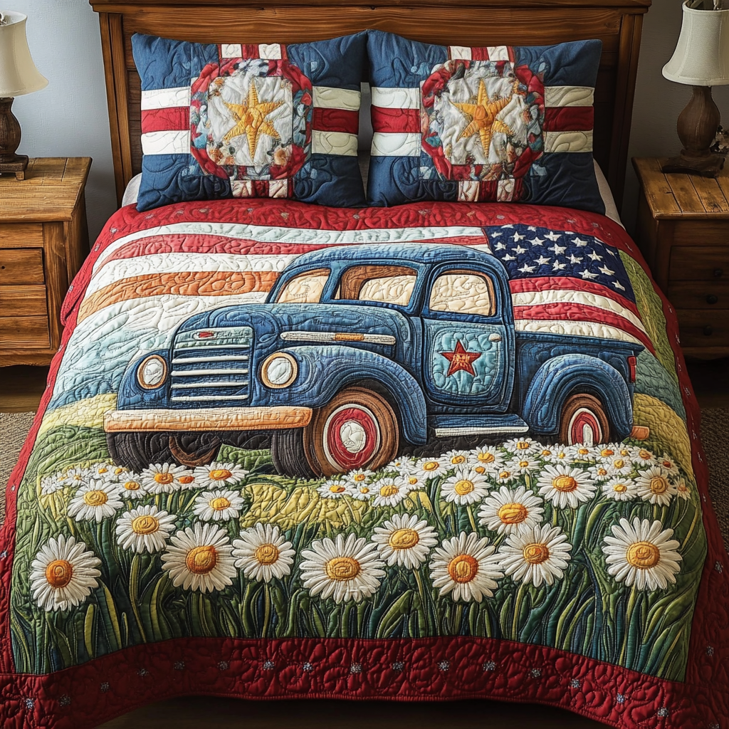Vintage Wheels Quilted Bedding Set Cute Room Decor Unique Patriotic Gifts