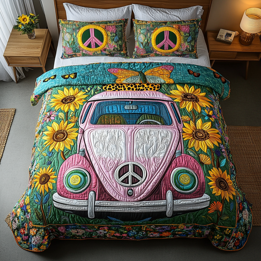 Vintage Wheels Quilted Bedding Set Xmas Holiday Duvet Cover Set Gifts For Hippie Chicks