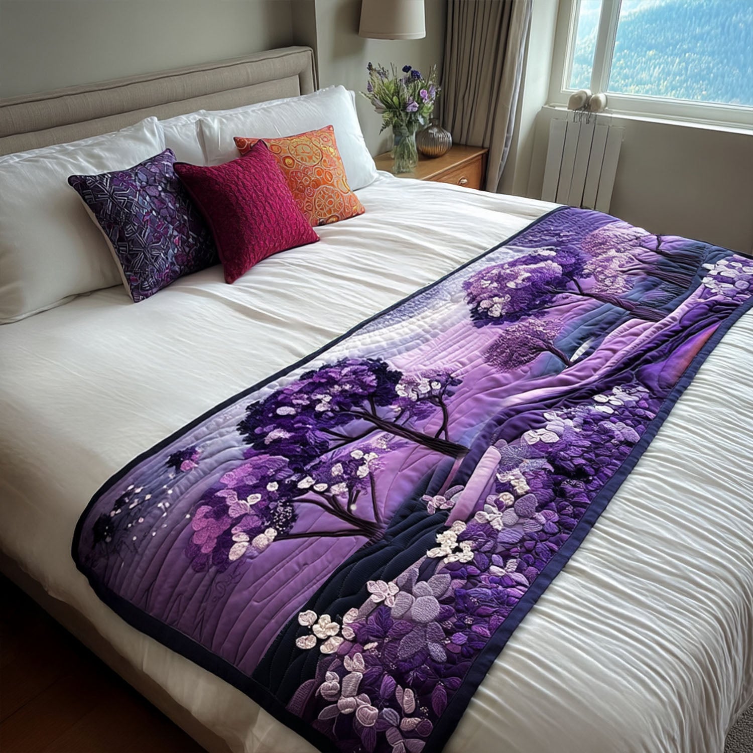 Violet Bliss Quilted Bed Runner Aesthetic Room Decor Presents For Flower Lovers