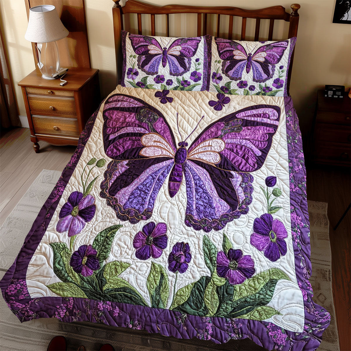 Violet Butterfly Holiday Xmas Quilted Bedding Set Romantic Christmas Gifts For Newlyweds