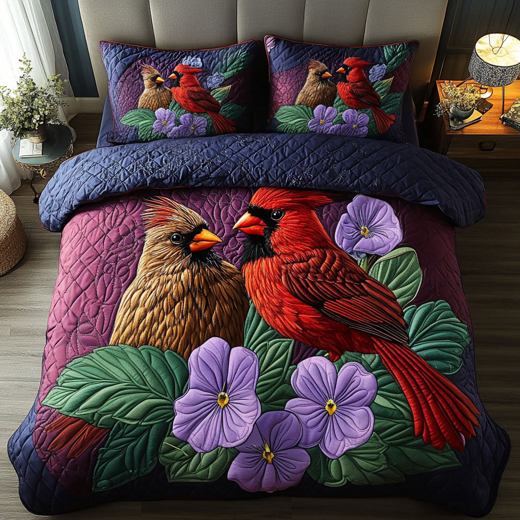 Violet Cardinals Quilted Bedding Set Bed Decorations Gifts For Cardinal Lovers