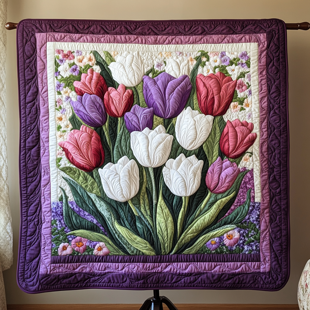 Violet Garden Quilted Blanket Nice Throw Blanket Tulip Themed Gifts For Her