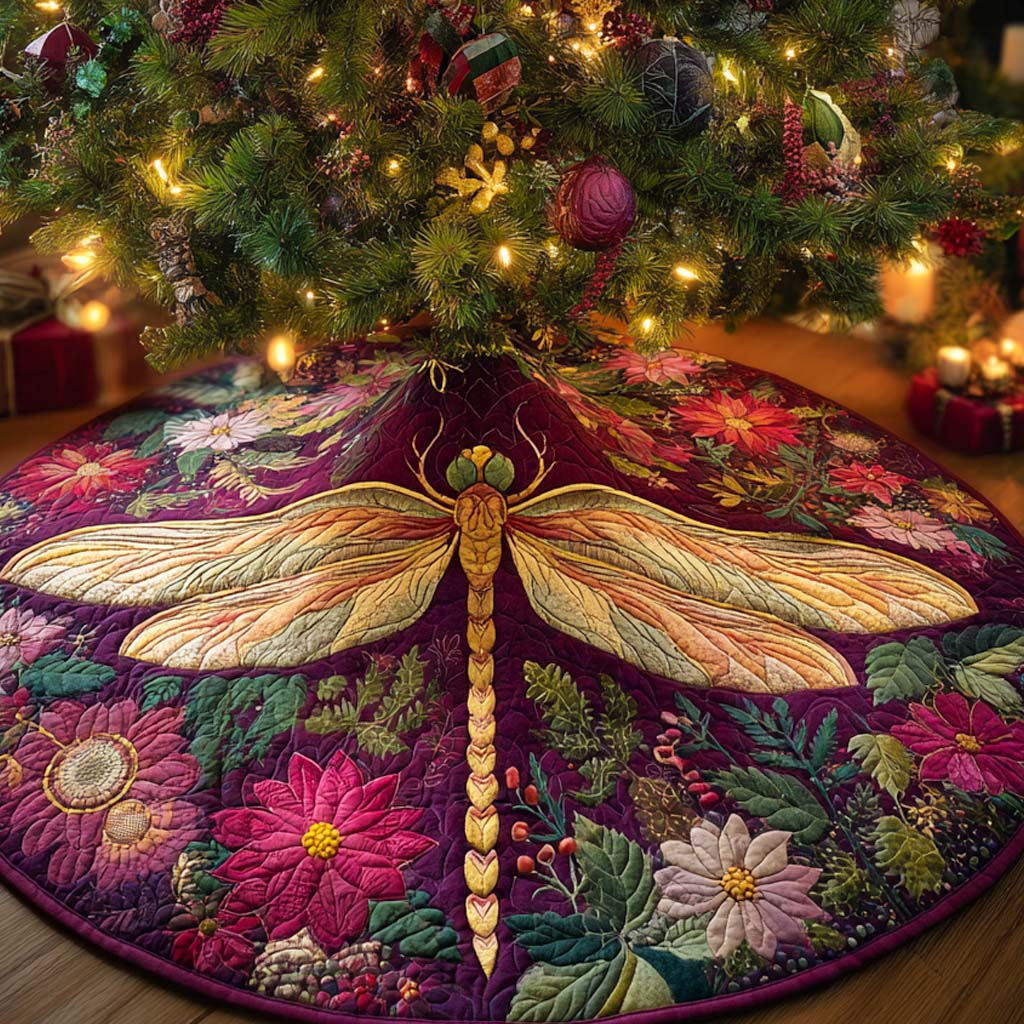 Violet Garden Shine Quilted Tree Skirt Xmas Tree Stand Cover Dragonfly Christmas Gifts