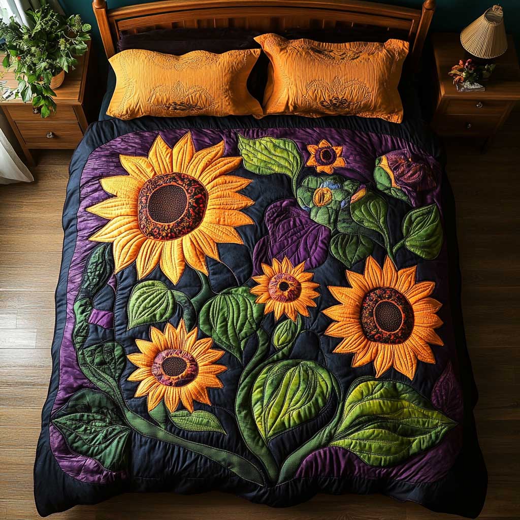 Violet Sunflower Garden Quilted Bedding Set Duvet Cover Bedspread Bedroom Decor Gifts For Husband
