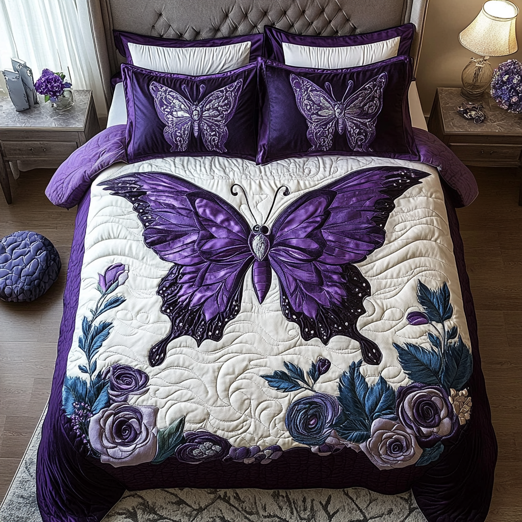 Violet Wings Quilted Bedding Set Bed Decor Butterfly Presents