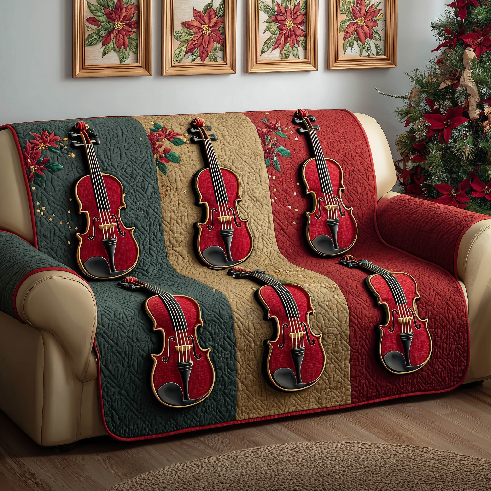 Violin Harmony Quilted Sofa Cover Acoustic String Instrument Gift Ideas For Violin Players