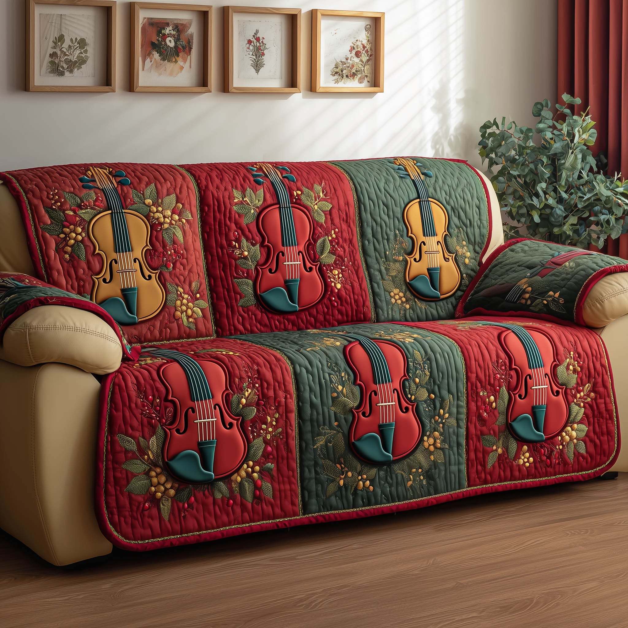 Violin Harmony Quilted Sofa Cover Elegant Classical Music Christmas Gift Ideas For Violin Players