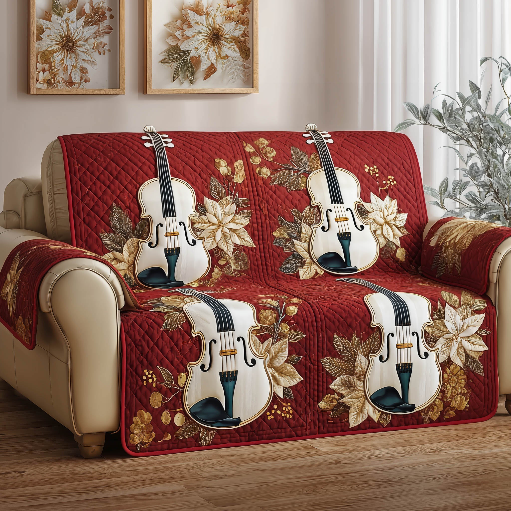 Violin Harmony Quilted Sofa Cover Musical Fiddle Christmas Design Gift Ideas For Violin Players